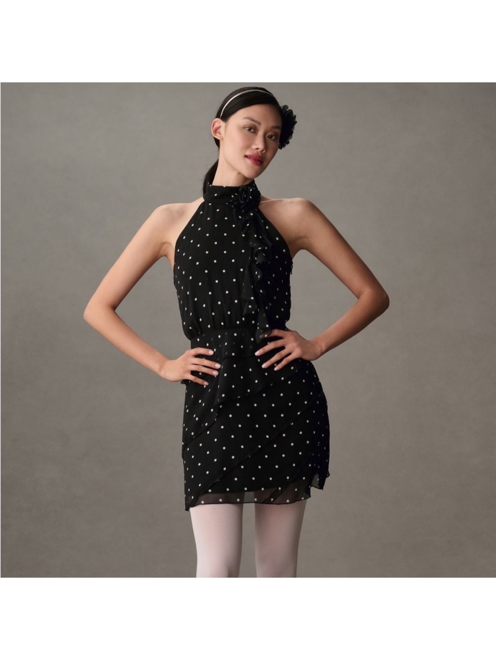 NWT Anthropologie Black Polka Dot Halter Neck Mini Dress